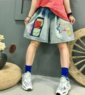 2022 Summer New Arts Style Women Elastico in vita Jeans larghi al ginocchio Pantaloni pentagramma in cotone denim a gamba larga