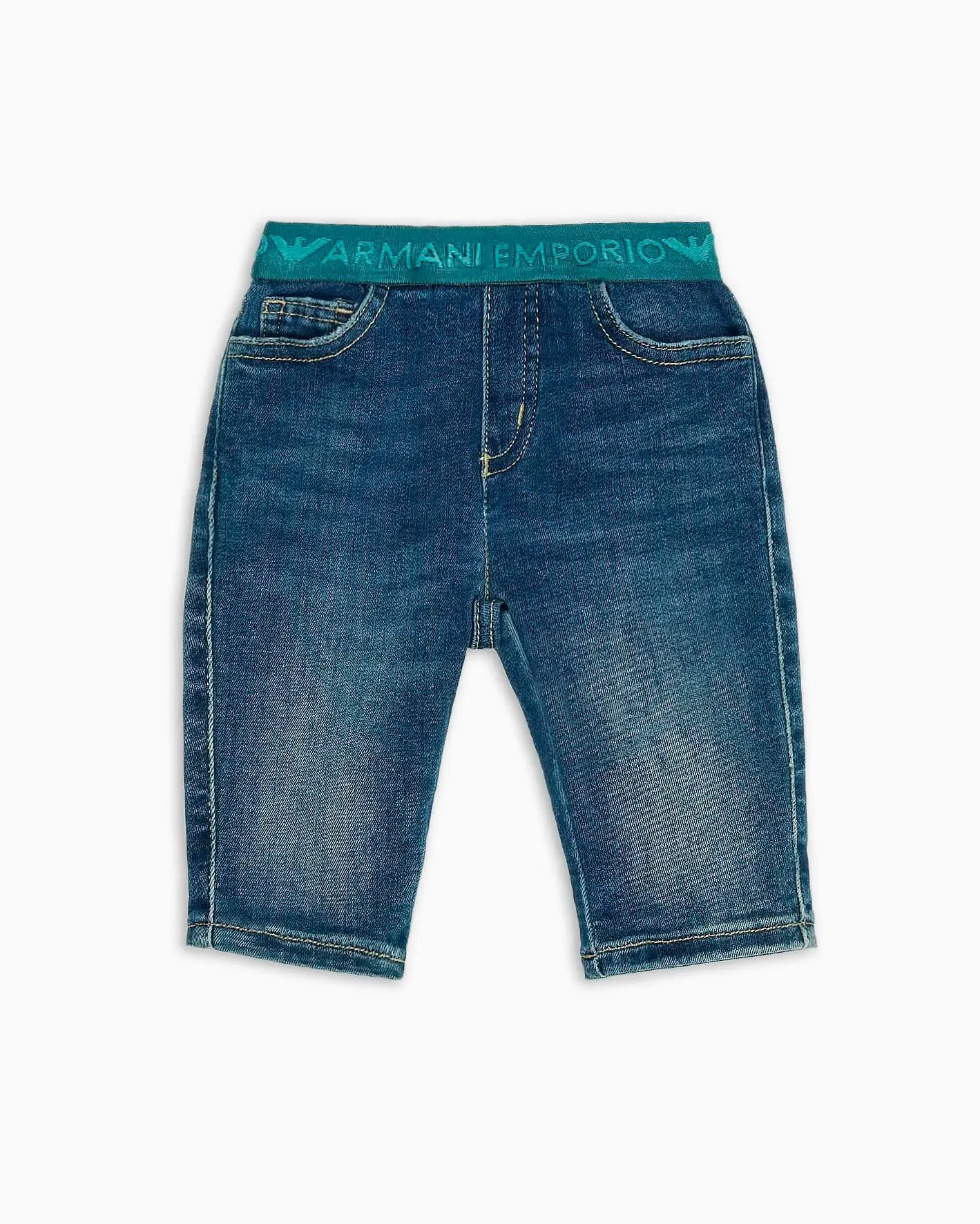 Jeans a lavaggio medio stone washed in cotone stretch con fascia elastica logata ottanio 12-36 mesi