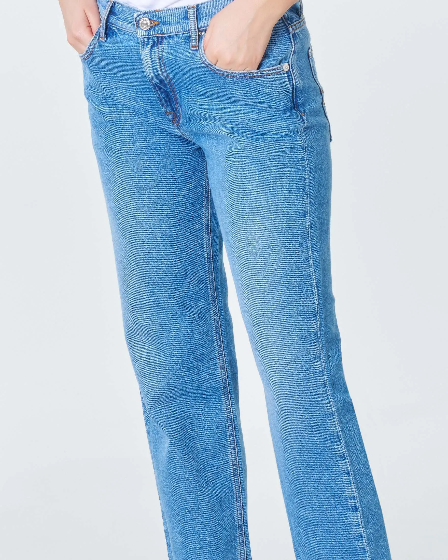 Jeans straight a vita bassa in cotone lavaggio medio super stone washed