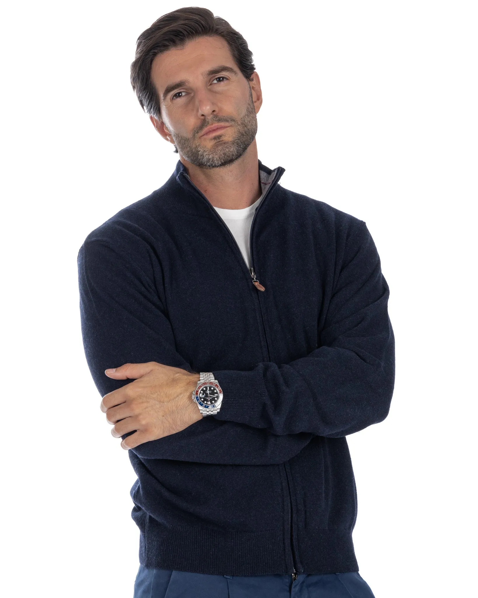 Matt - maglione blu full zip in misto cachemire