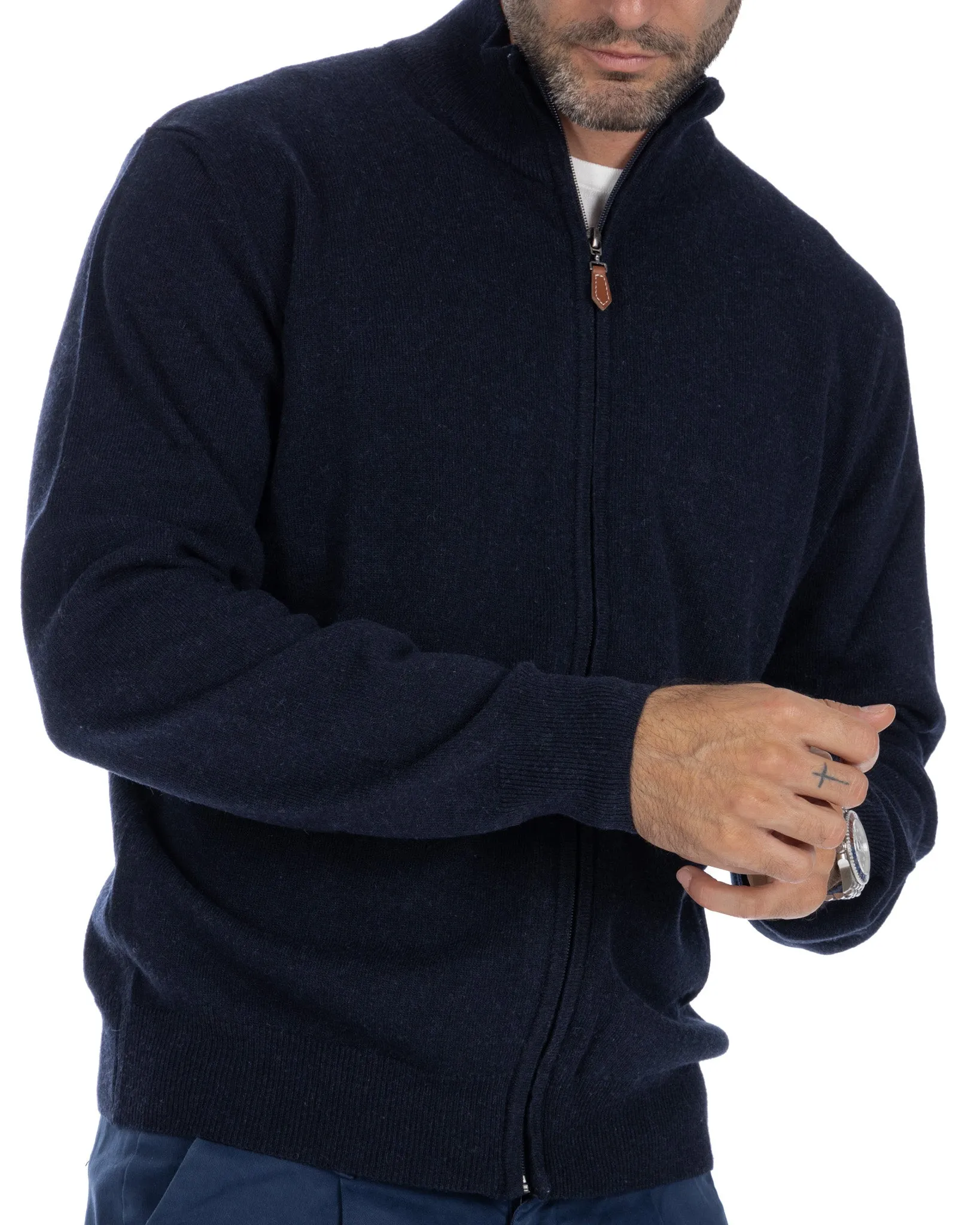 Matt - maglione blu full zip in misto cachemire