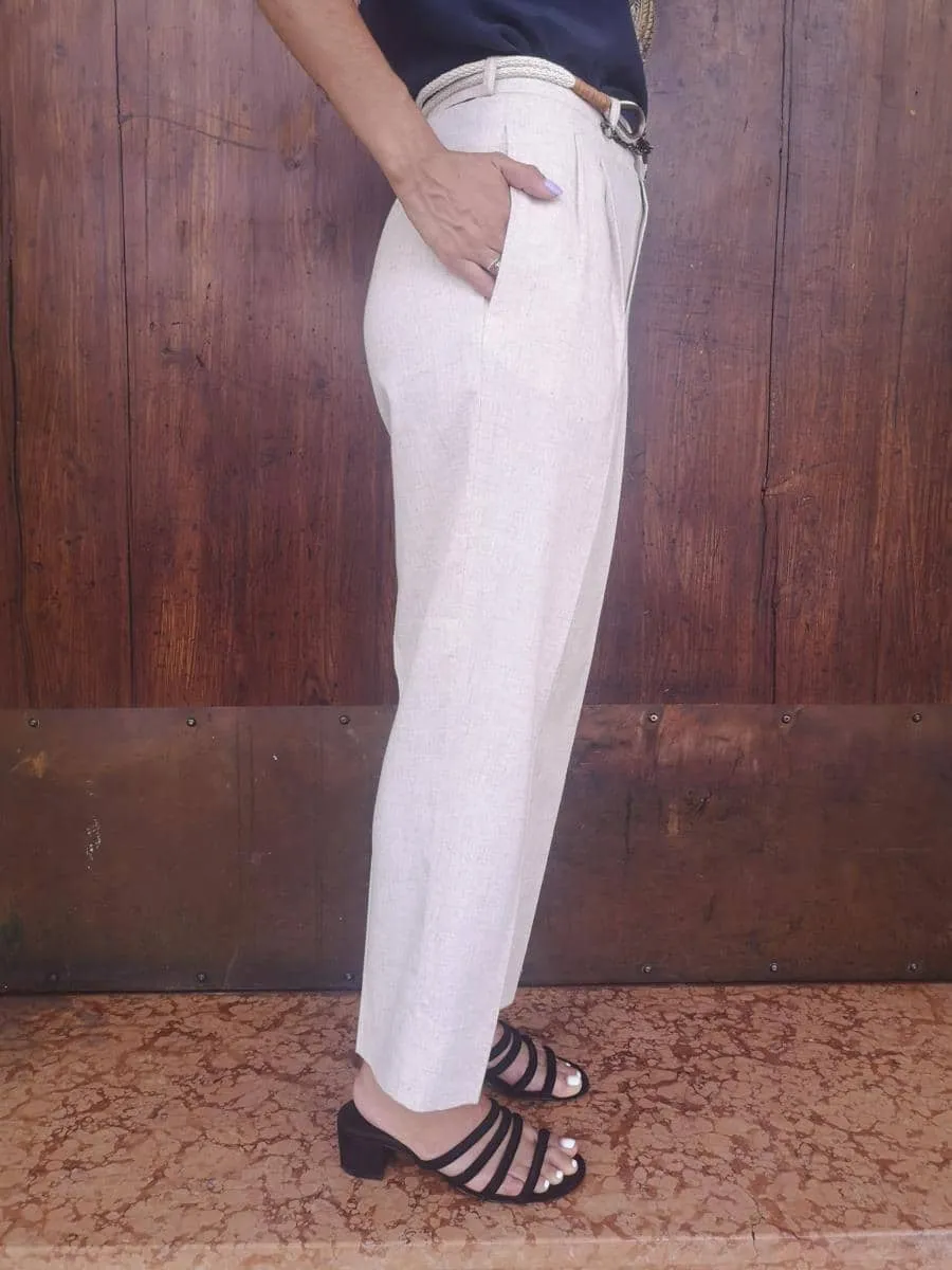 Pantalone vita alta in lino beige