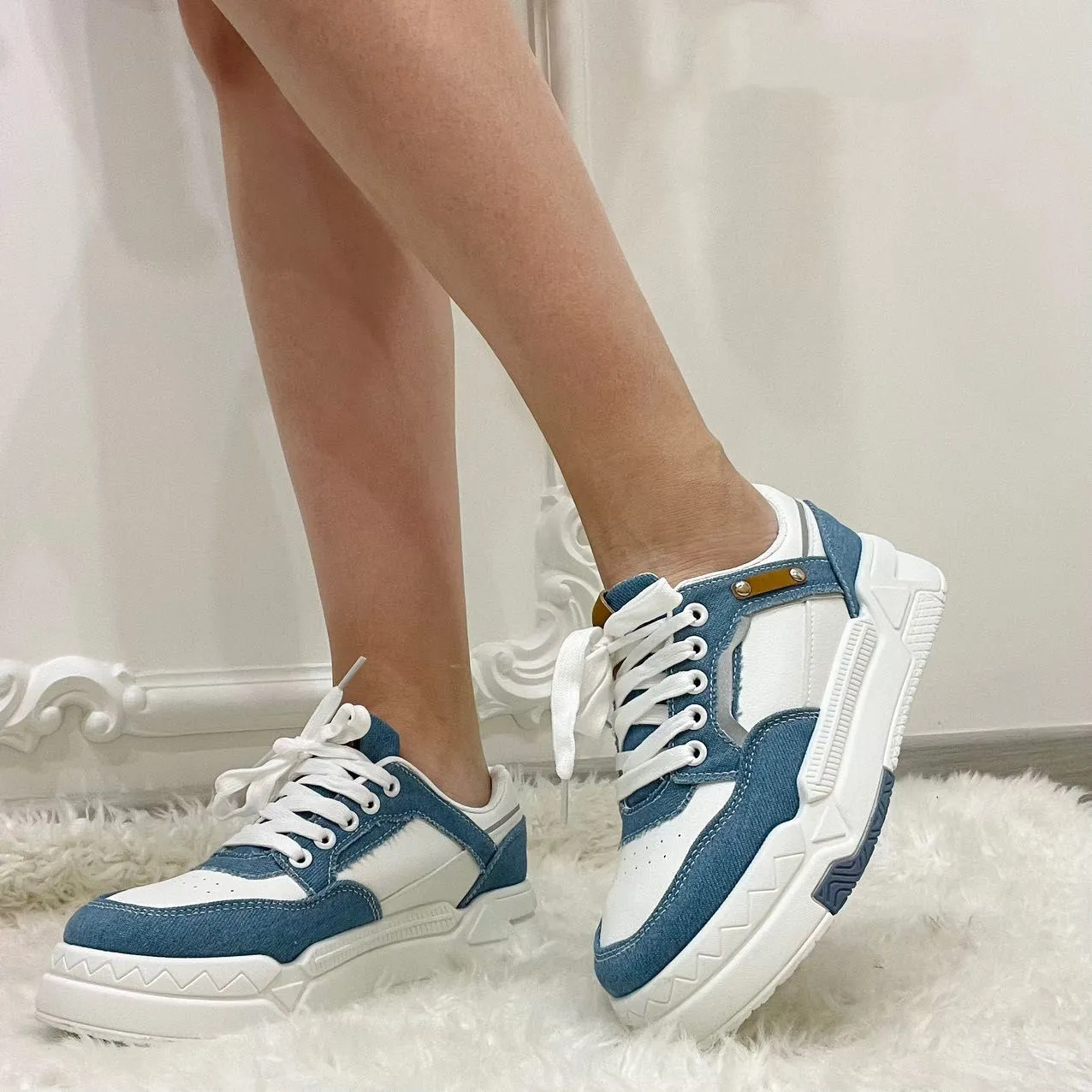 Sneakers Donna Scarpe Bicolore Jeans Lacci Gomma Platform Casual