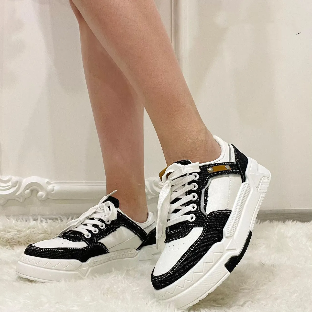 Sneakers Donna Scarpe Bicolore Jeans Lacci Gomma Platform Casual