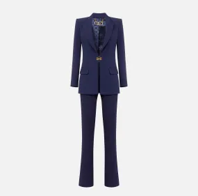 Tailleur in doppio crêpe stretch con giacca dritta e pantalone a palazzo