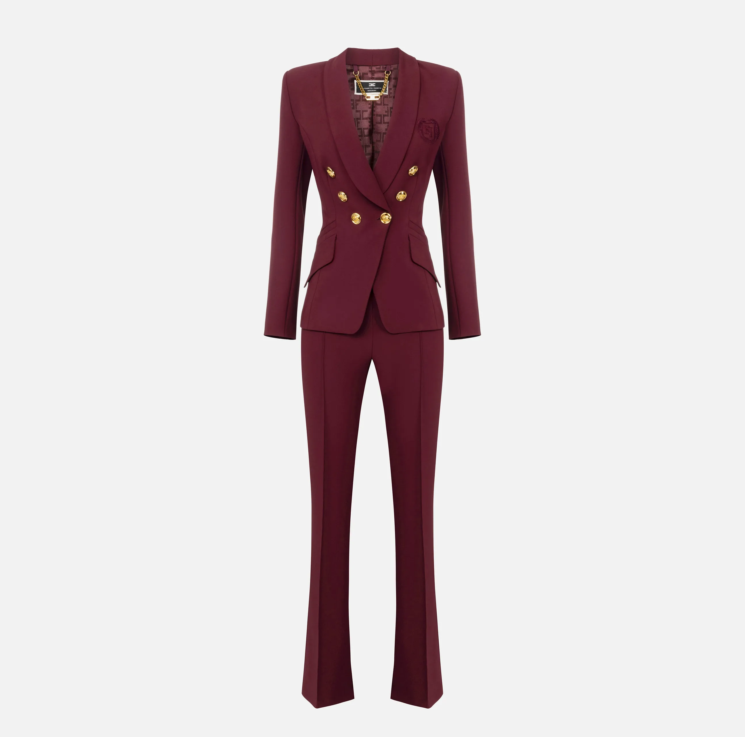 Tailleur in doppio crêpe stretch con giacca sciallata e pantalone a palazzo