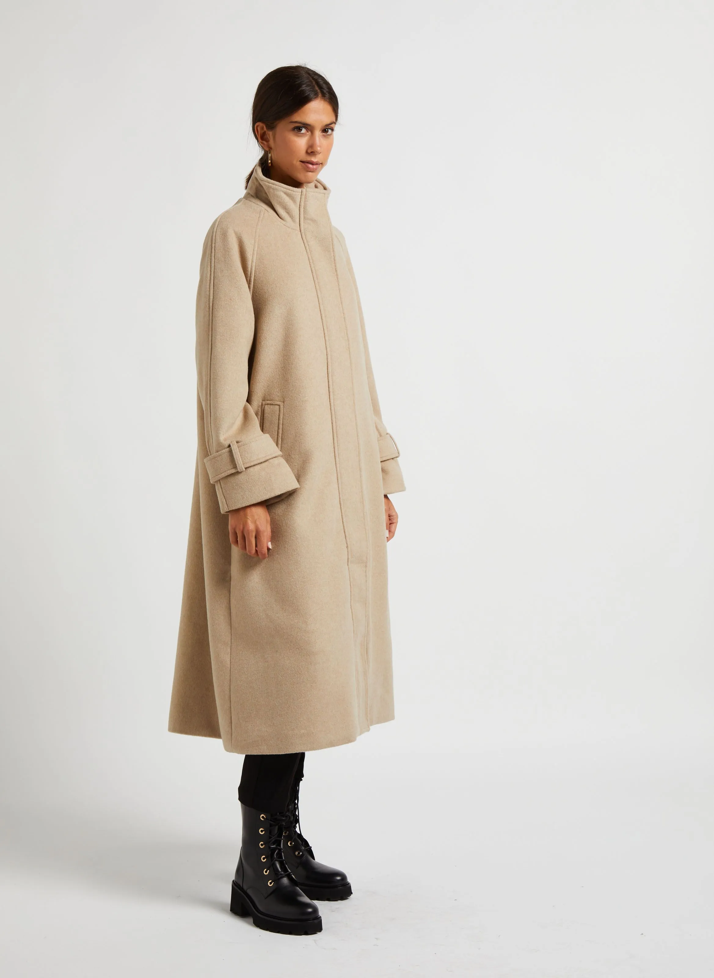  VILA   CADA - Cappotto lungo dritto con collo alto in misto lana riciclata | Beige